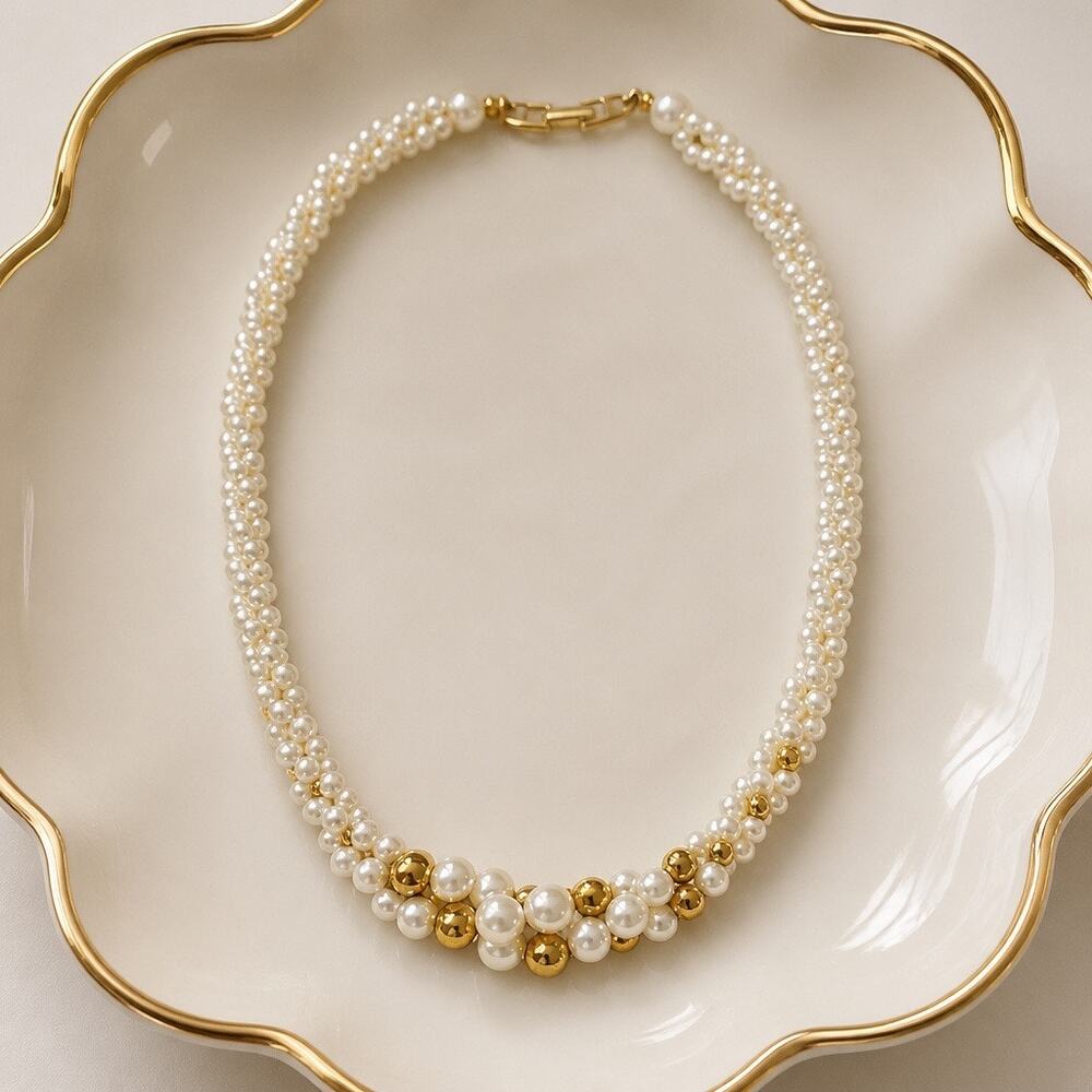 Vintage Signed Napier 2 Strand Faux Pearl & Gol Bea Torsade Necklace
